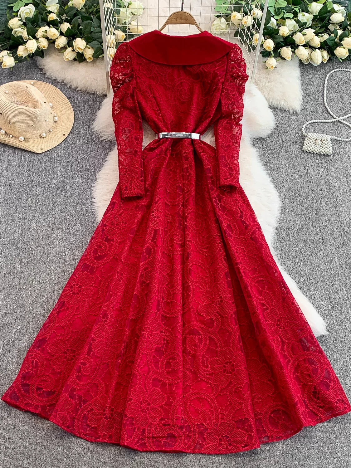 Diamond V-neck Long-sleeved Dress for Women  69B920