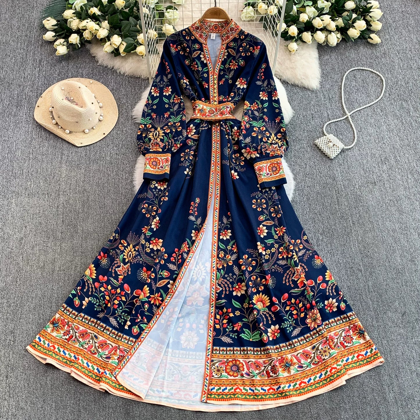 Printed V-neck Long Sleeve Dress SA745