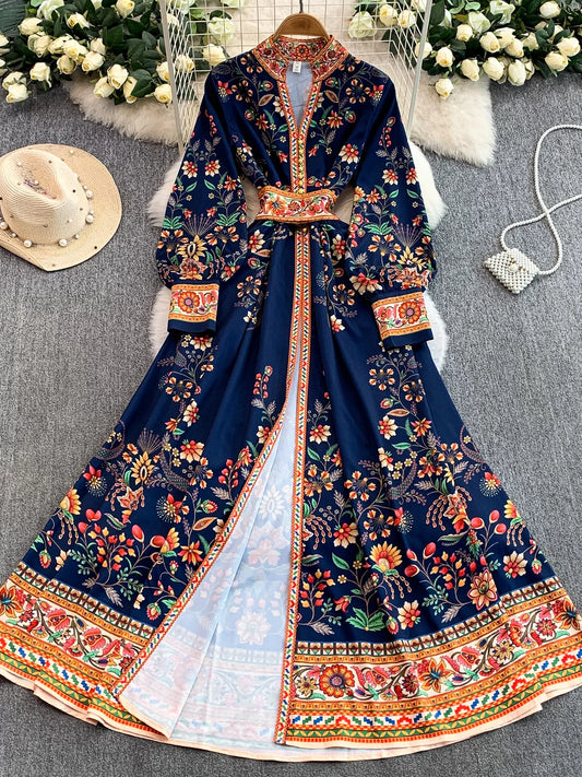 Printed V-neck Long Sleeve Dress SA745