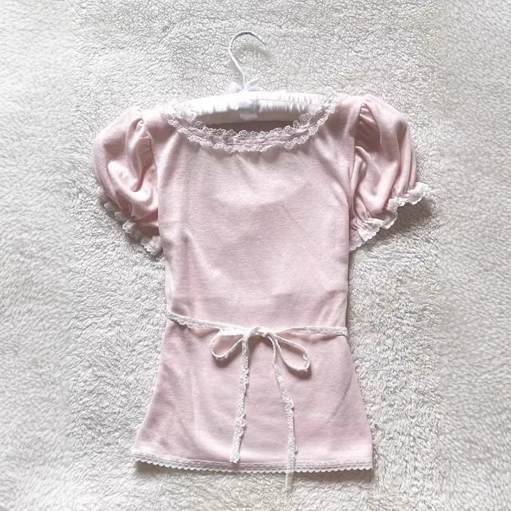 Lace Patchwork Bow Short Sleeve T-shirt US 64D142