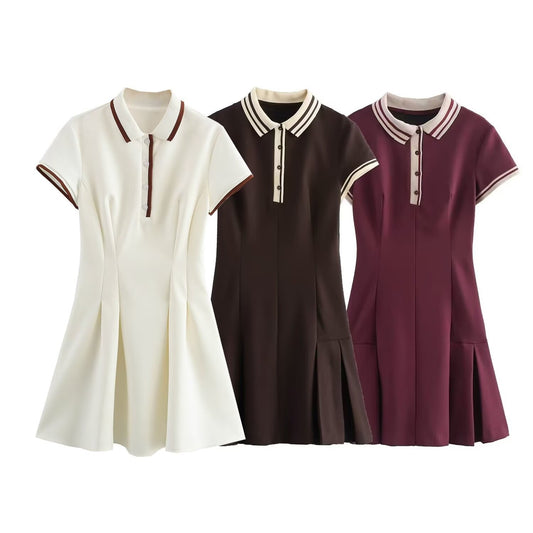 Color Matching Ribbed Wide Pleated Slim Dress SA349