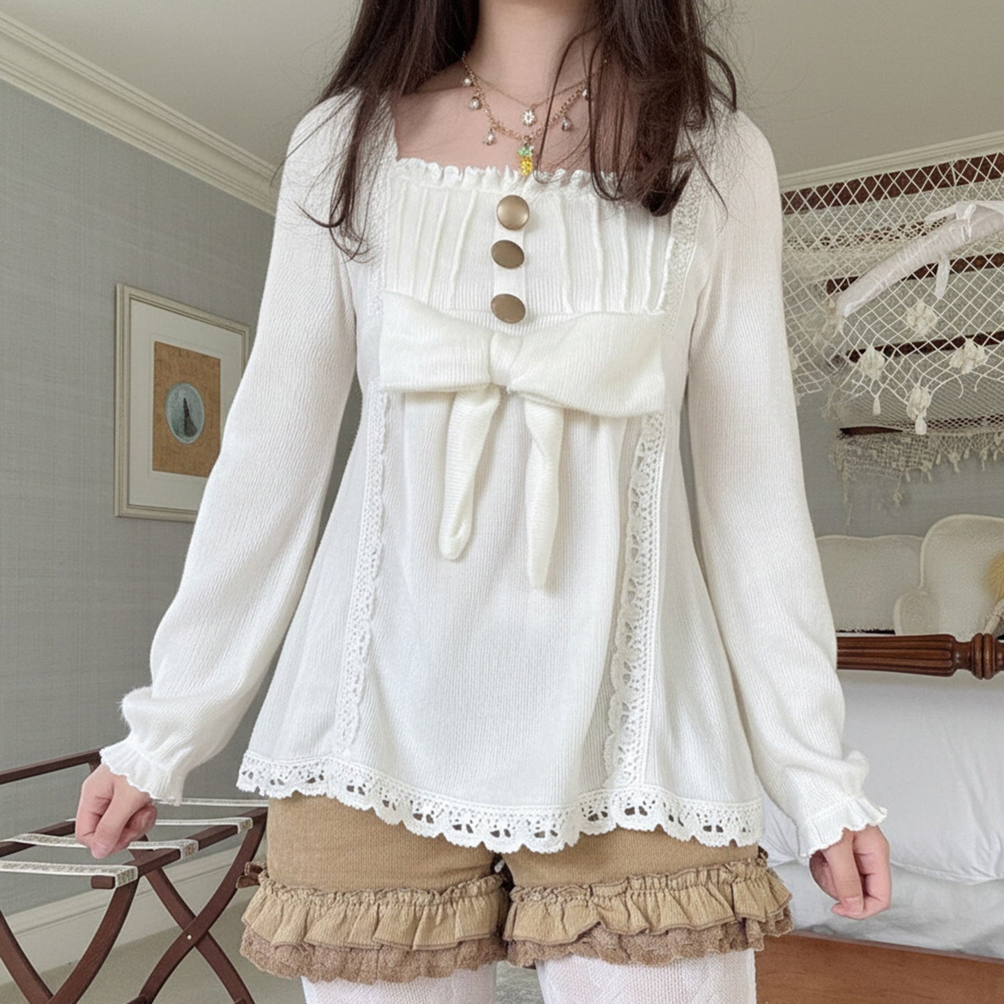 Lace Bow Button Embellished Long Sleeve T-Shirt SA641