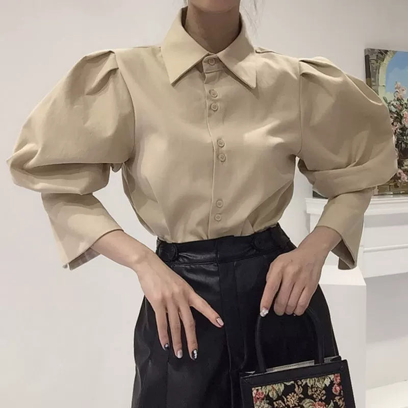 Puff Sleeve Shirt + Pu Leather Vest  64D120