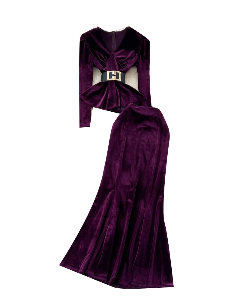 Long-sleeved Velvet Top, High-waisted  Skirt, Two-piece Set 69B917