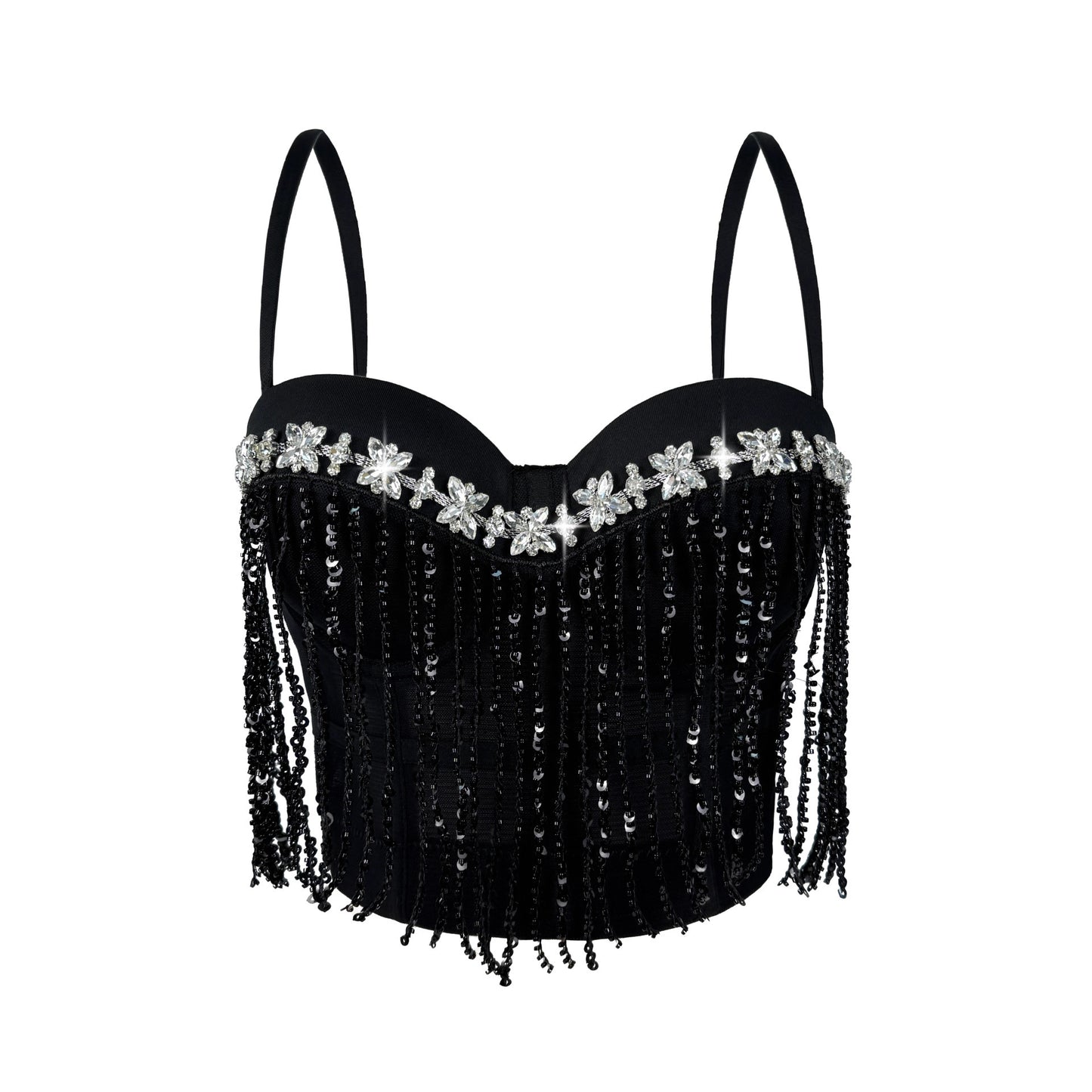 Rhinestone Flower Shiny Fishbone Bra 69B889