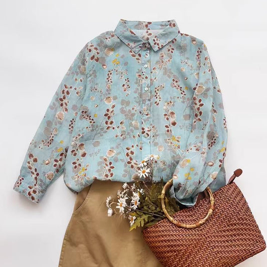 Ramie Printed Shirt Long Sleeve Women