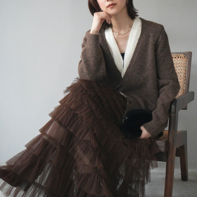 Loose V-neck Knitted Cardigan + Skirt SA607