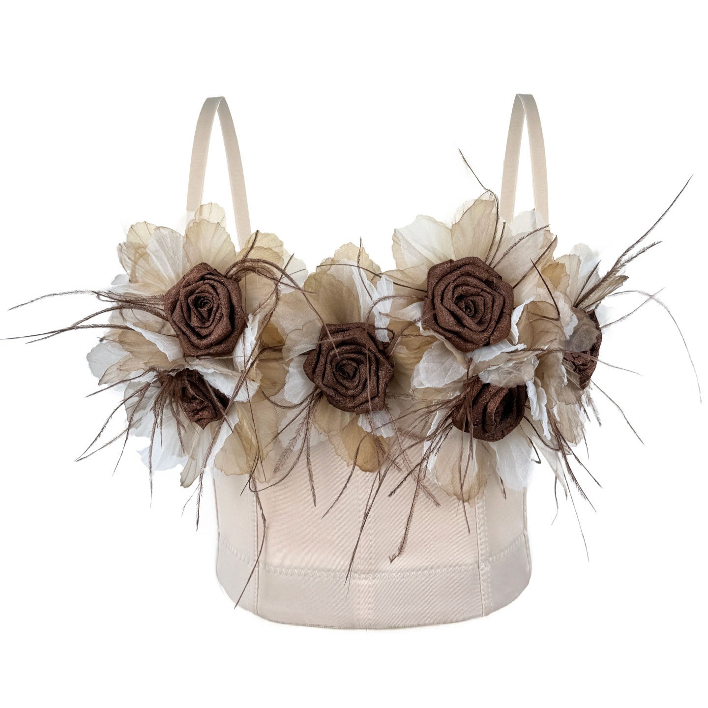 Three-dimensional flower fringed suspender fishbone bra
