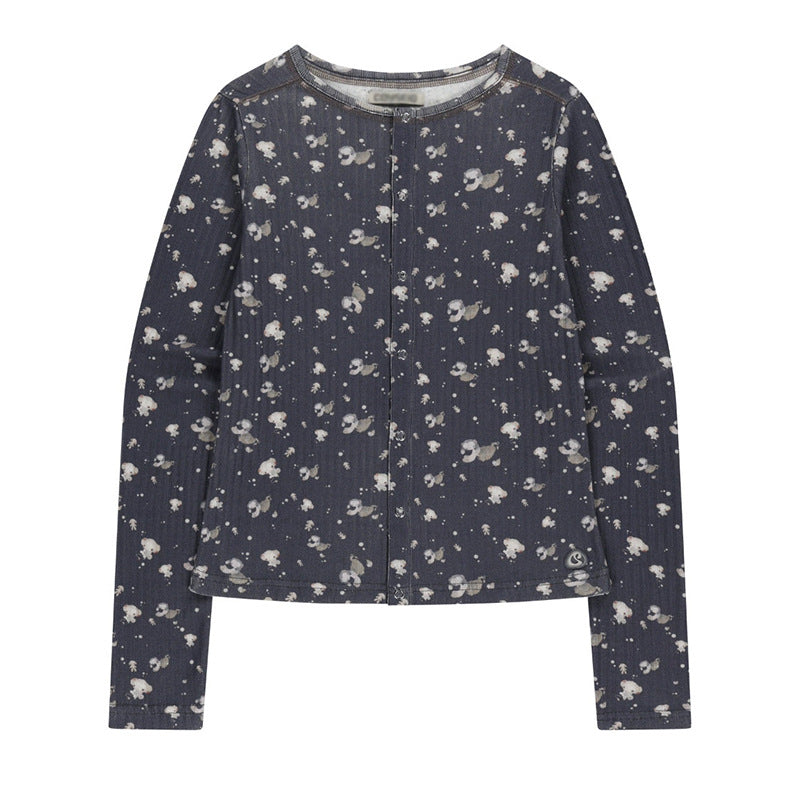 Floral Print Single-breasted Slim-fitting Long-sleeved T-shirt for Women 73C104