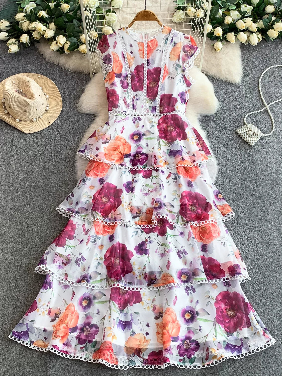 Lace-trimmed, Printed, Round-neck Dress SA758
