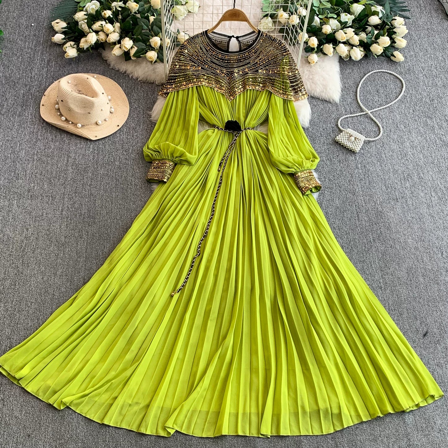 Sequin Lantern Sleeve Dress  64D118