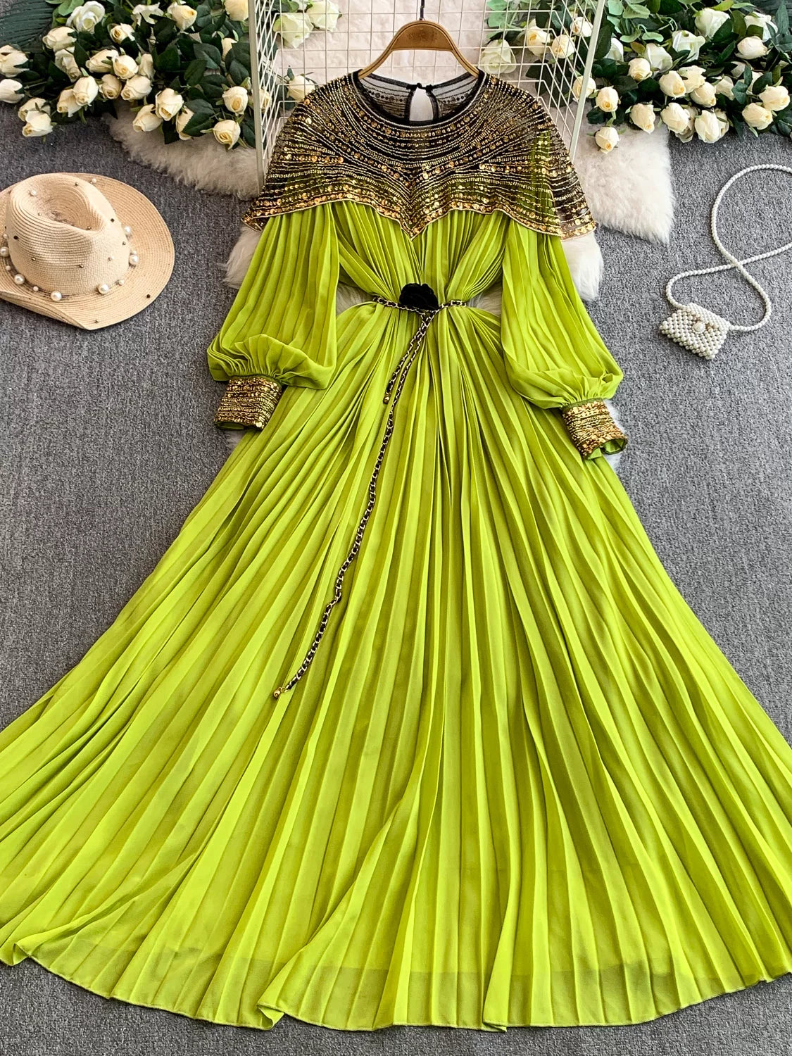 Sequin Lantern Sleeve Dress  64D118