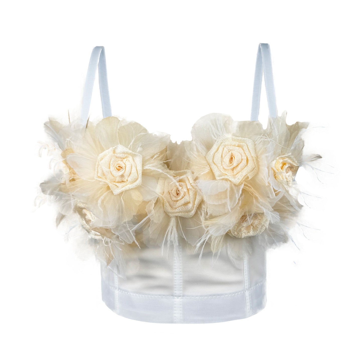 Three-dimensional flower fringed suspender fishbone bra
