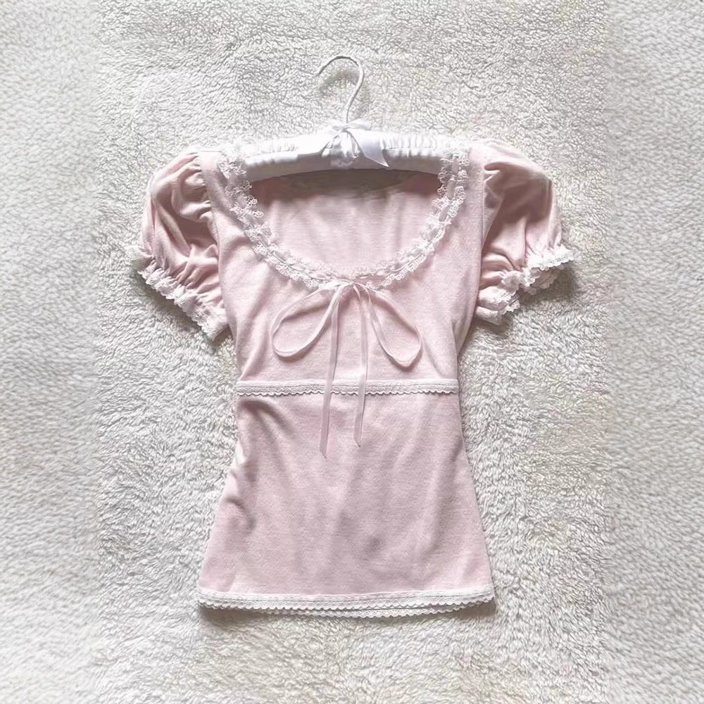 Lace Patchwork Bow Short Sleeve T-shirt US 64D142