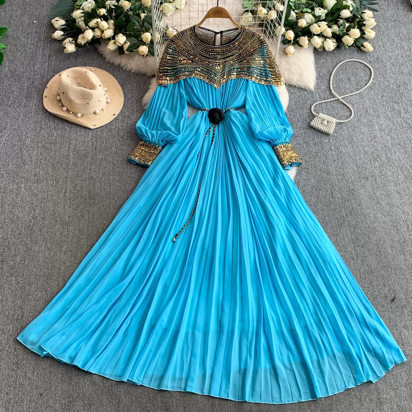 Sequin Lantern Sleeve Dress  64D118