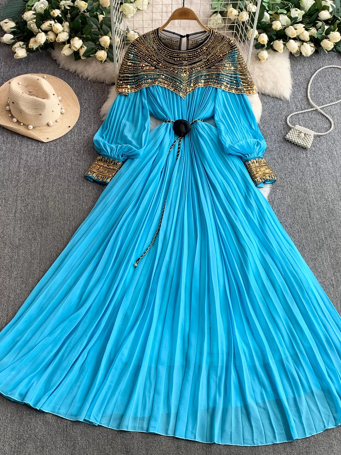 Sequin Lantern Sleeve Dress  64D118