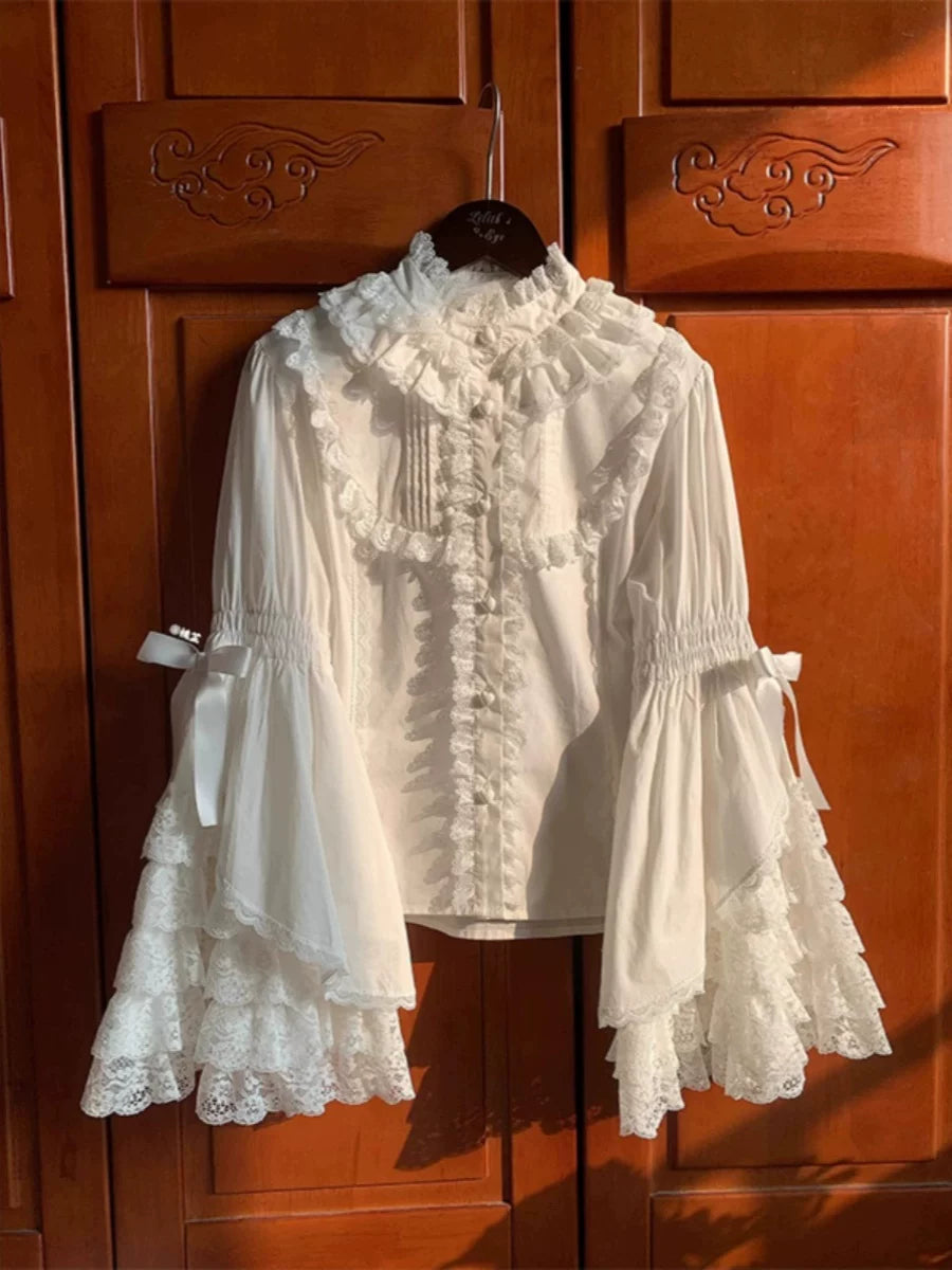 White Lace Flared Sleeve Shirt  64D115