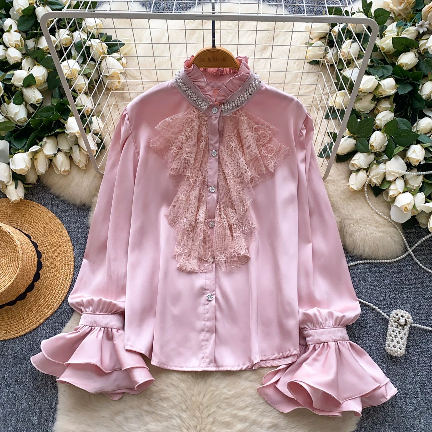 Diamond Stand-Up Neck Flared Sleeve Satin Shirt Women