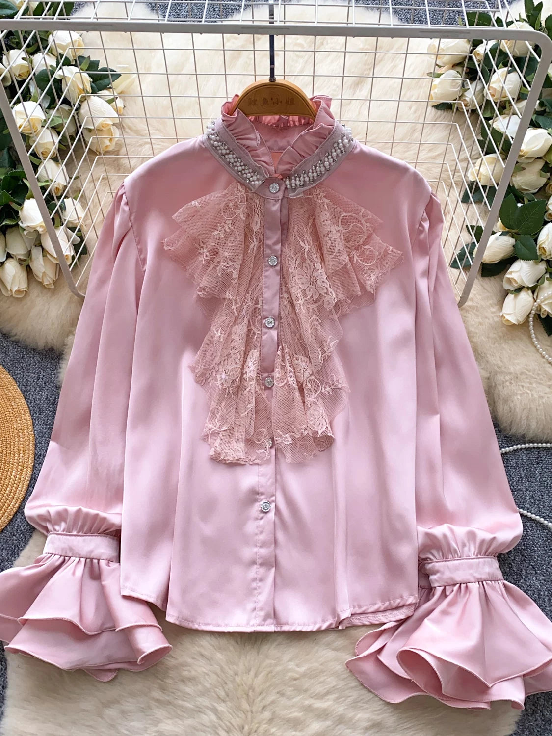 Diamond Stand-Up Neck Flared Sleeve Satin Shirt Women