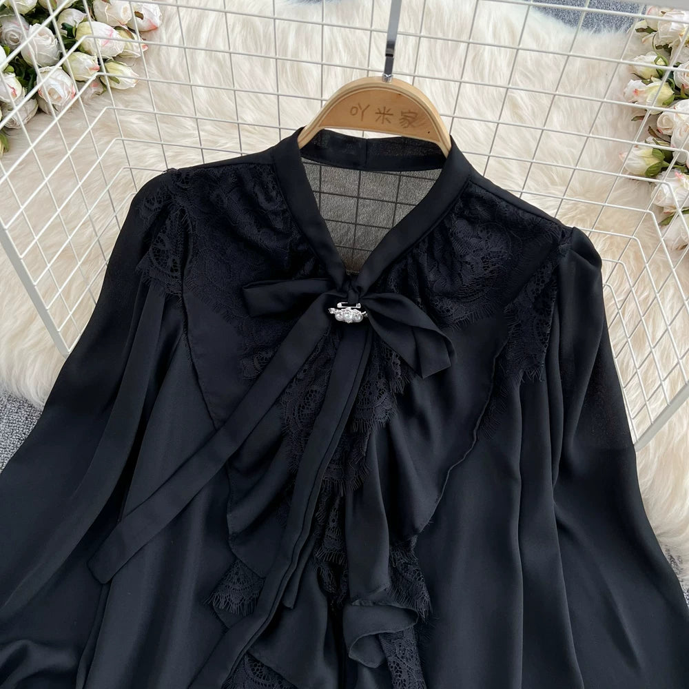Lace Patchwork Bell Sleeve Bow Tie Shirt 58A961
