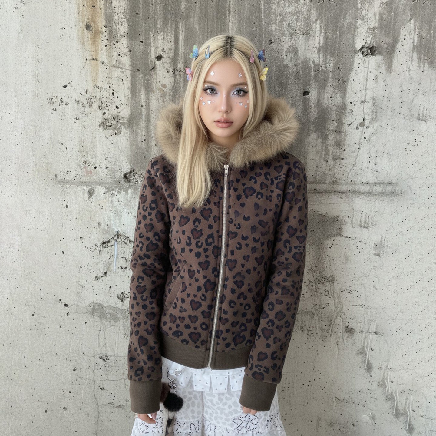Leopard Print Fur Collar Zipper Sweater Women SA460
