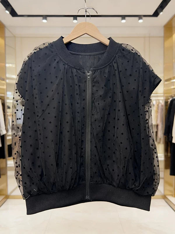 V-neck Lace Polka Dot Mesh Top SA967