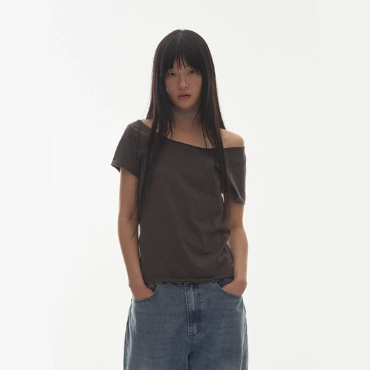 Slant Collar Shoulder Wing Print T-Shirt 73C093