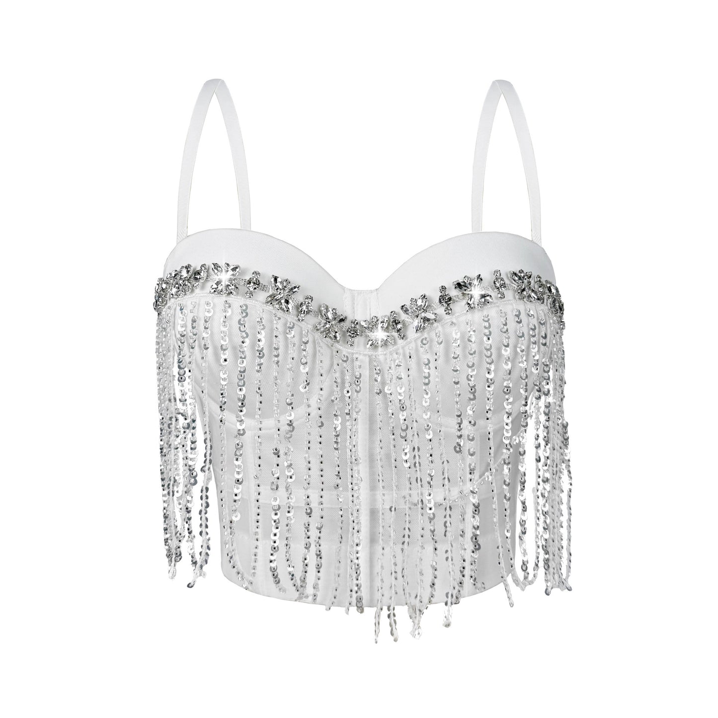 Rhinestone Flower Shiny Fishbone Bra 69B889