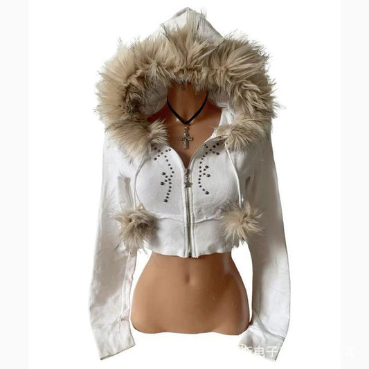 Plush Hooded Hot Diamond Zipper Cardigan SA583