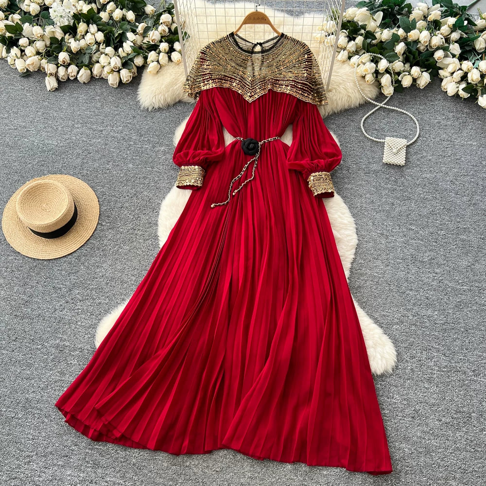 Embroidered Beaded Sequin Lantern Sleeve Dress 64D215