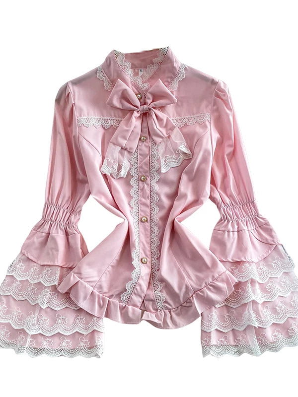 Lace Patchwork Stand Collar Shirt 64D112