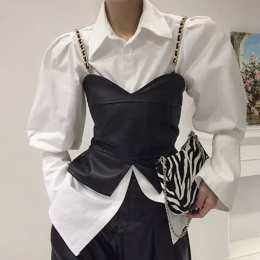 Puff Sleeve Shirt + Pu Leather Vest  64D120