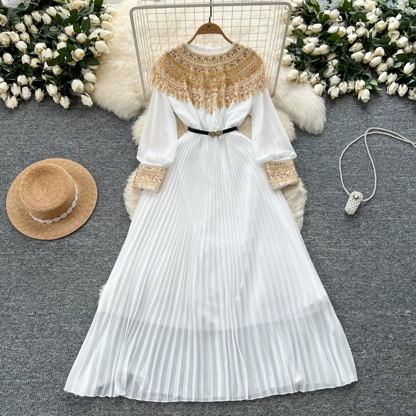Sequined Patchwork Long-sleeved Dress  64D117