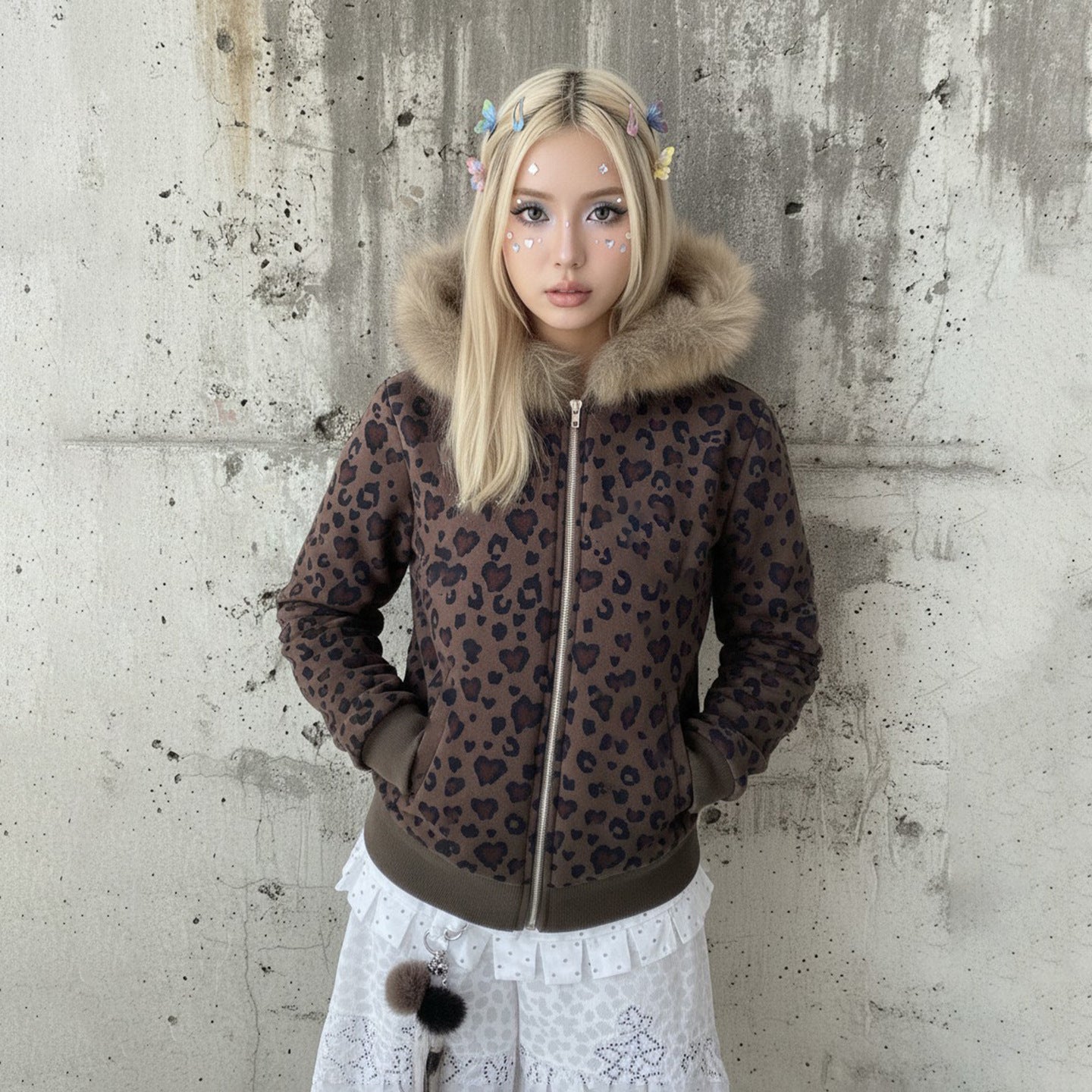 Leopard Print Fur Collar Zipper Sweater Women SA460