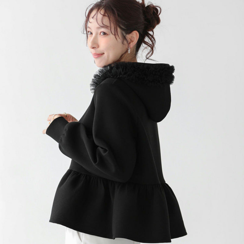 Ruffle Edge Mesh Stitching Hooded Sweater SA635