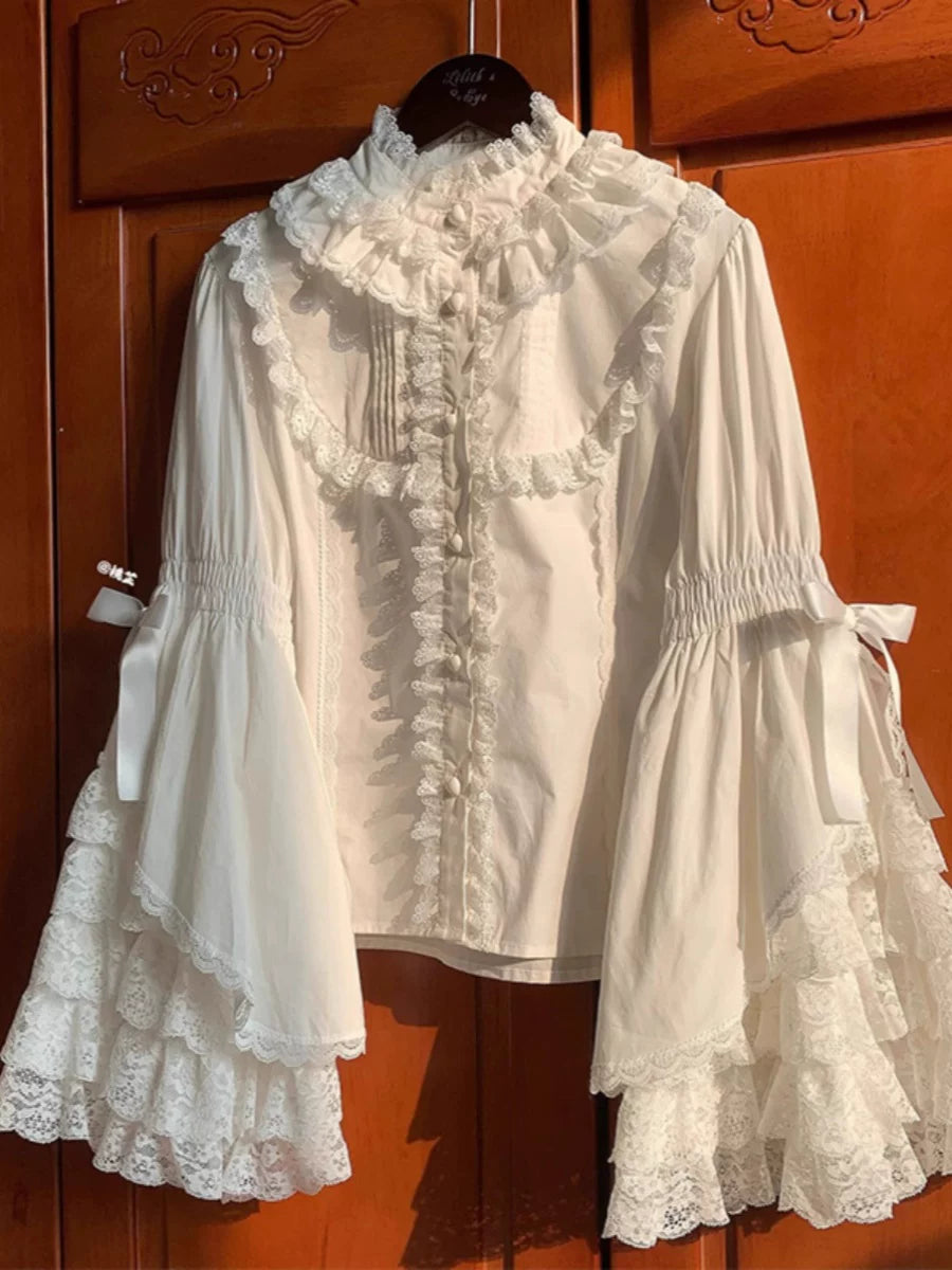 White Lace Flared Sleeve Shirt  64D115
