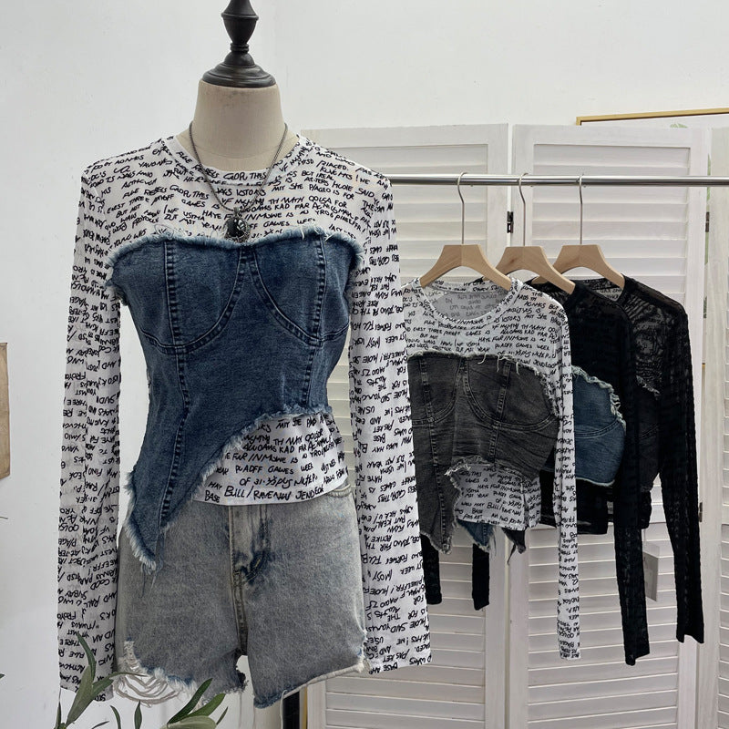 Letter Print Splicing Denim Long-sleeved T-shirt  SA466/SA467