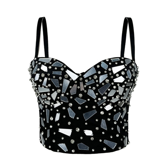 Black Glass Sequined Sling Vest and Fishbone Bra 69B881