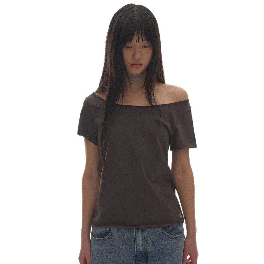 Slant Collar Shoulder Wing Print T-Shirt 73C093