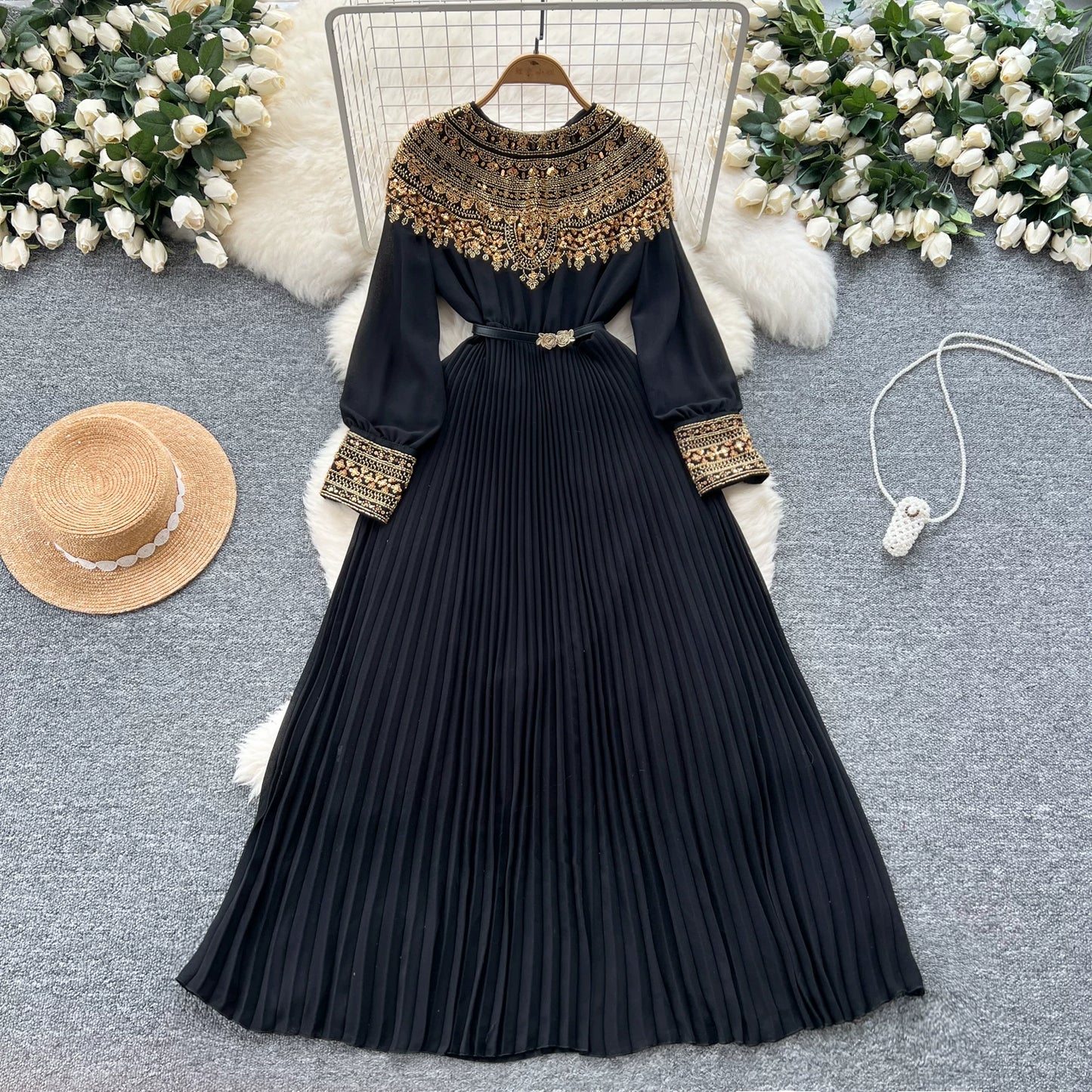 Sequined Patchwork Long-sleeved Dress  64D117