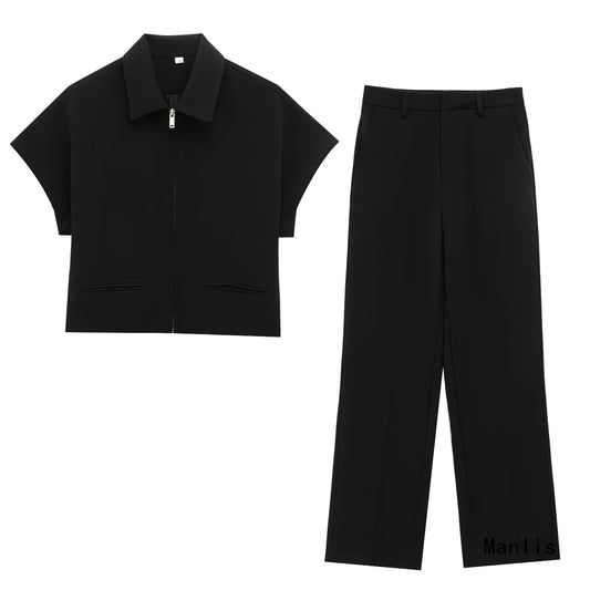 Lapel Short Sleeve Short Jacket Straight Pants SA351