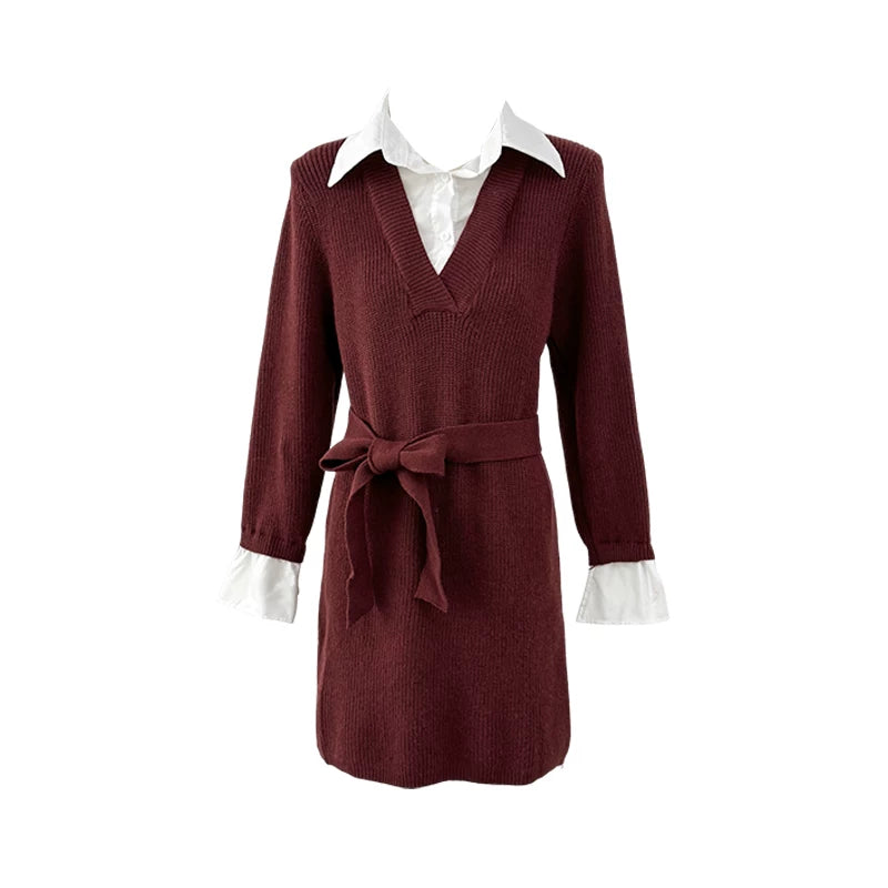 Collared Long-sleeve Knit Dress  SAB122
