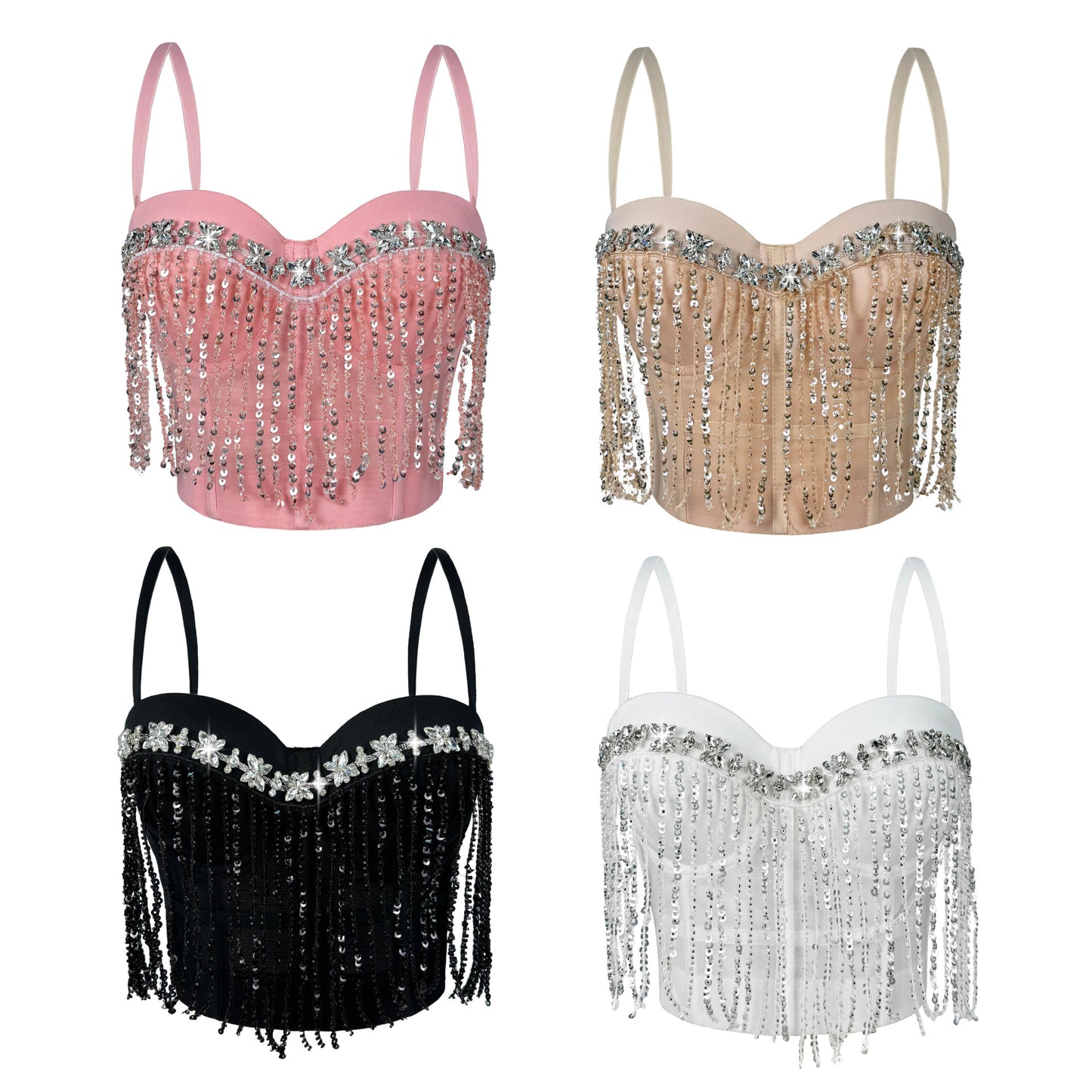 Rhinestone Flower Shiny Fishbone Bra 69B889