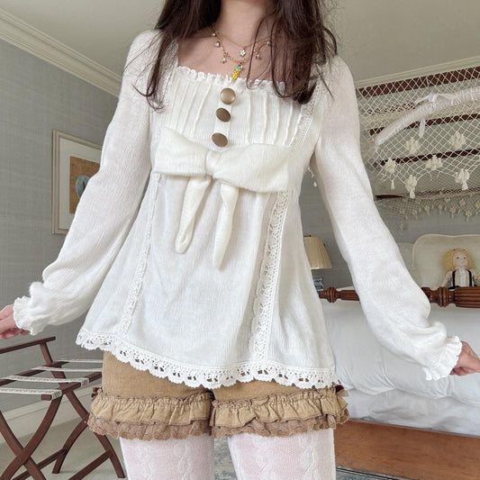 Lace Bow Button Embellished Long Sleeve T-Shirt SA641