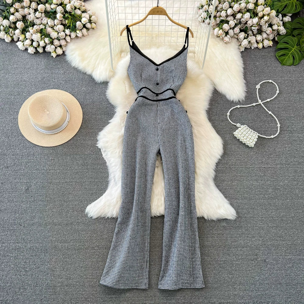 V-neck Houndstooth Woolen Jumpsuit 64H073