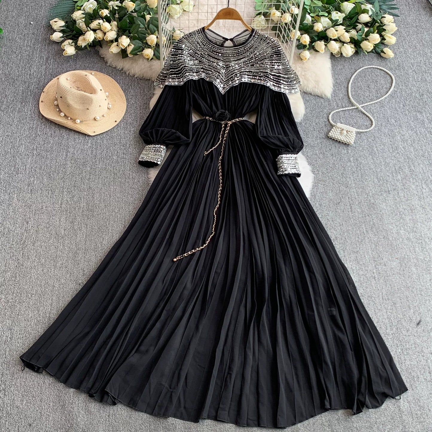 Sequin Lantern Sleeve Dress  64D118