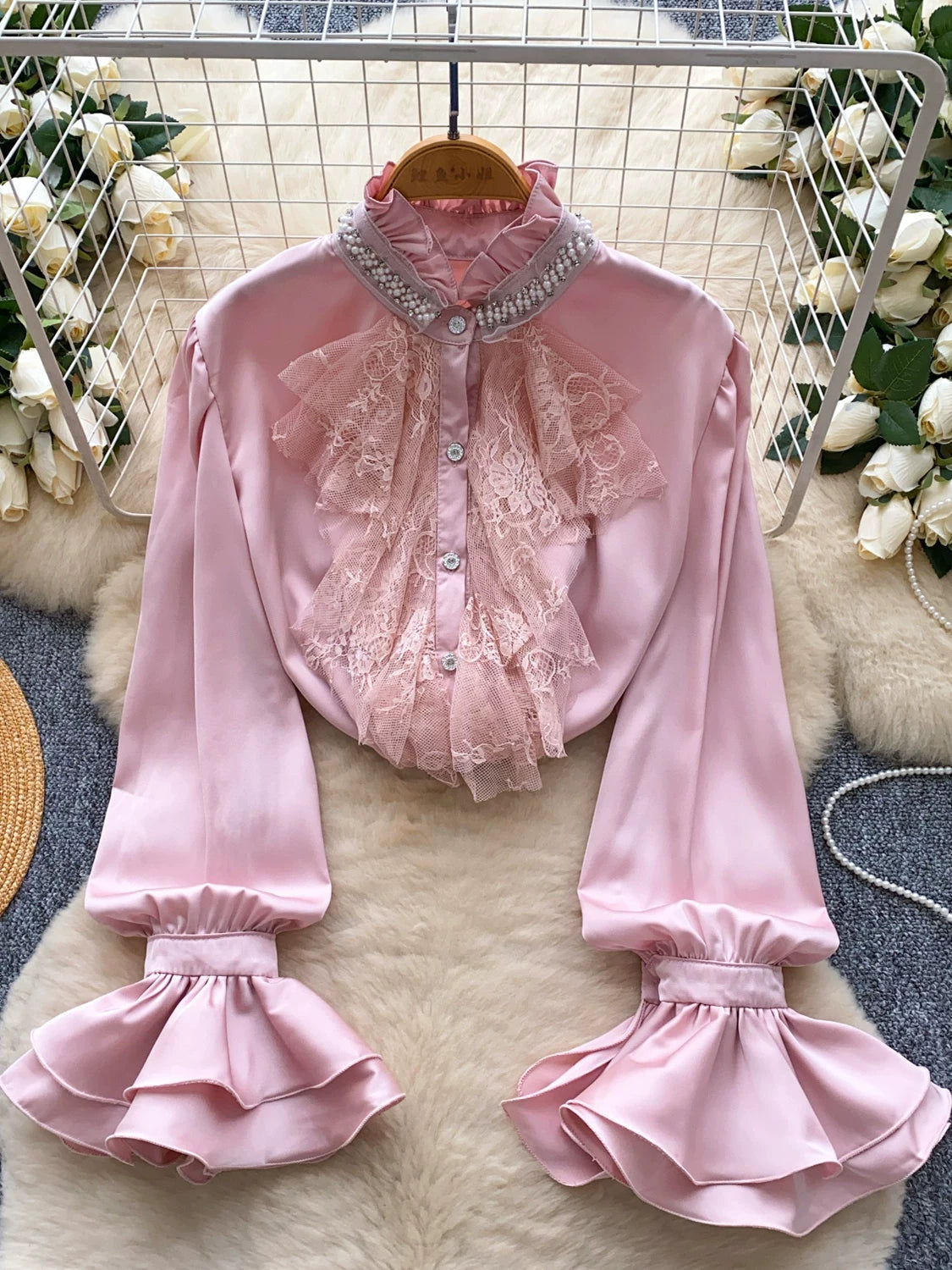 Diamond Stand-Up Neck Flared Sleeve Satin Shirt Women