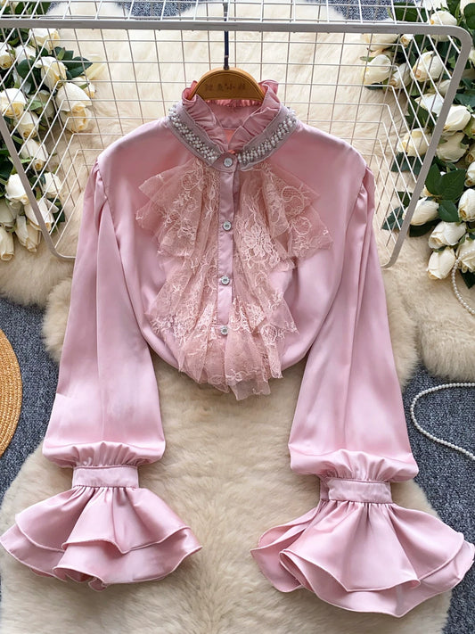 Diamond Stand-Up Neck Flared Sleeve Satin Shirt Women
