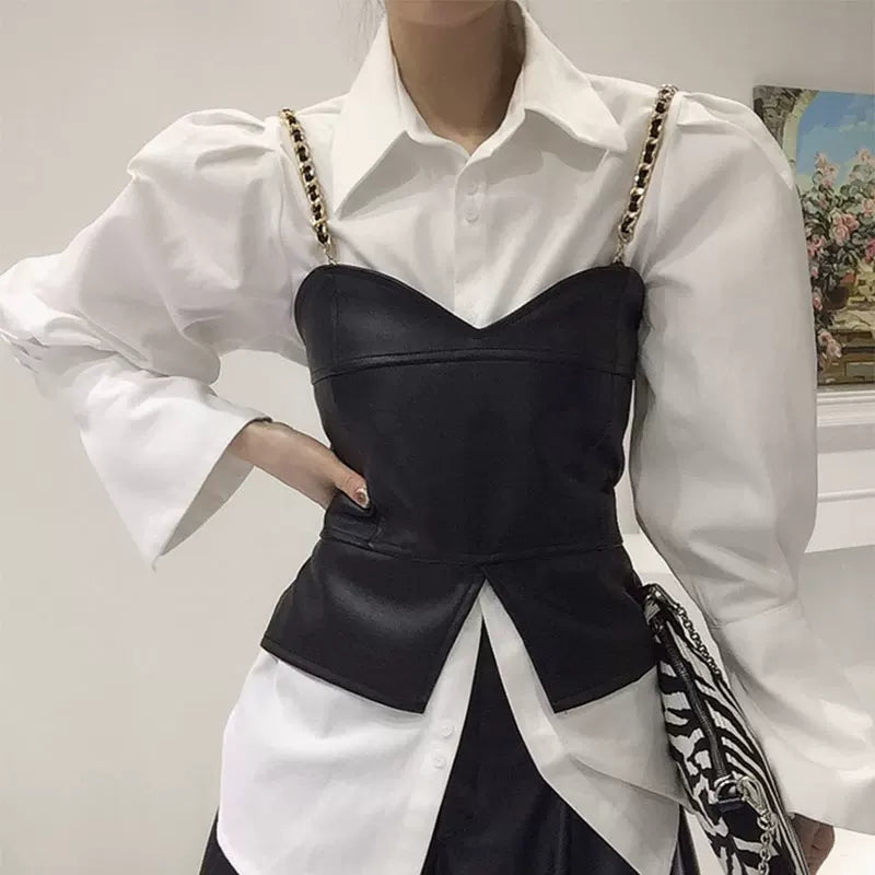 Puff Sleeve Shirt + Pu Leather Vest  64D120