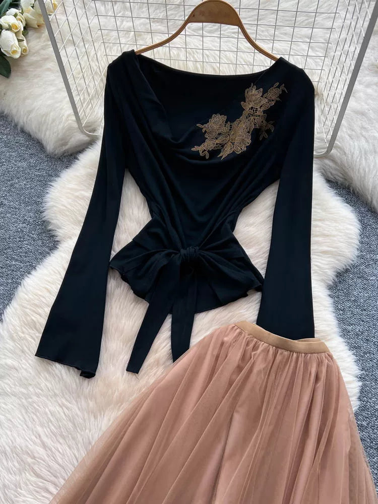 Two-piece Long-sleeved Top High-waisted Mesh Skirt 69B918